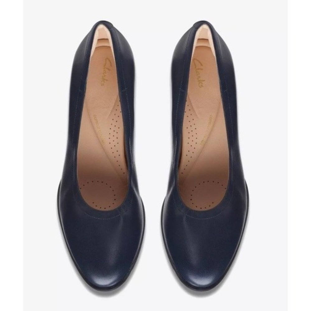 Clarks 10 M Freva 55 Court Pumps Navy Leather Classic Career Block Heels $110 - Picture 7 of 16